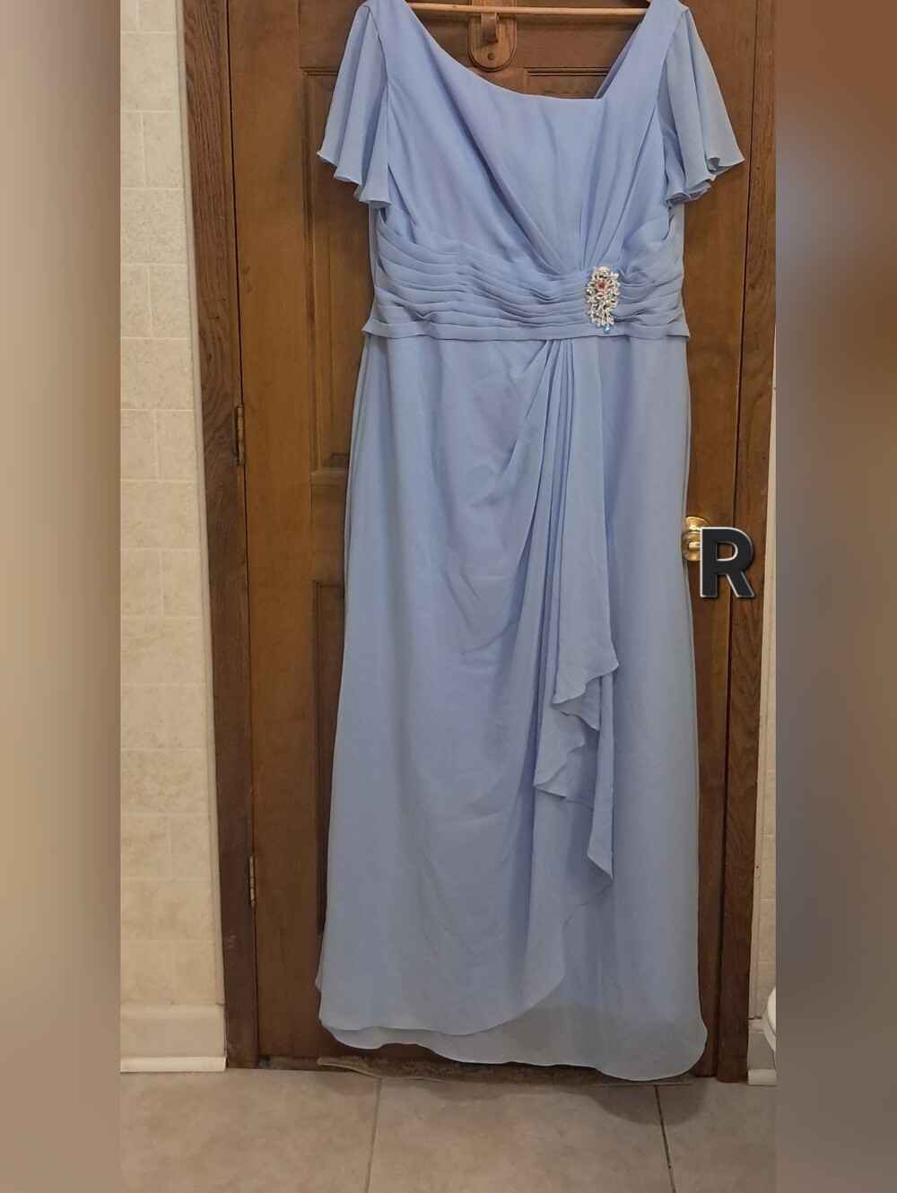 20W Light Blue Off-Shoulder Evening Dress with Embellished Waist